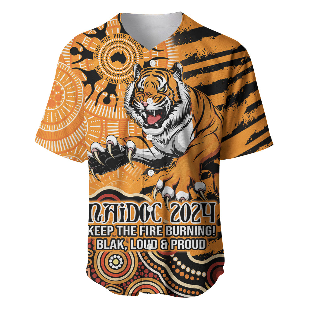Personalised Wests Tigers NAIDOC Week 2024 Baseball Jersey Aboriginal Fire Burning Sparks