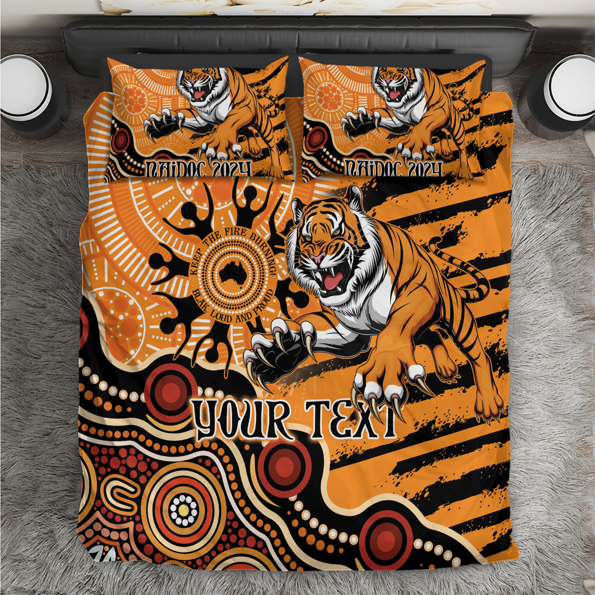 Personalised Wests Tigers NAIDOC Week 2024 Bedding Set Aboriginal Fire Burning Sparks