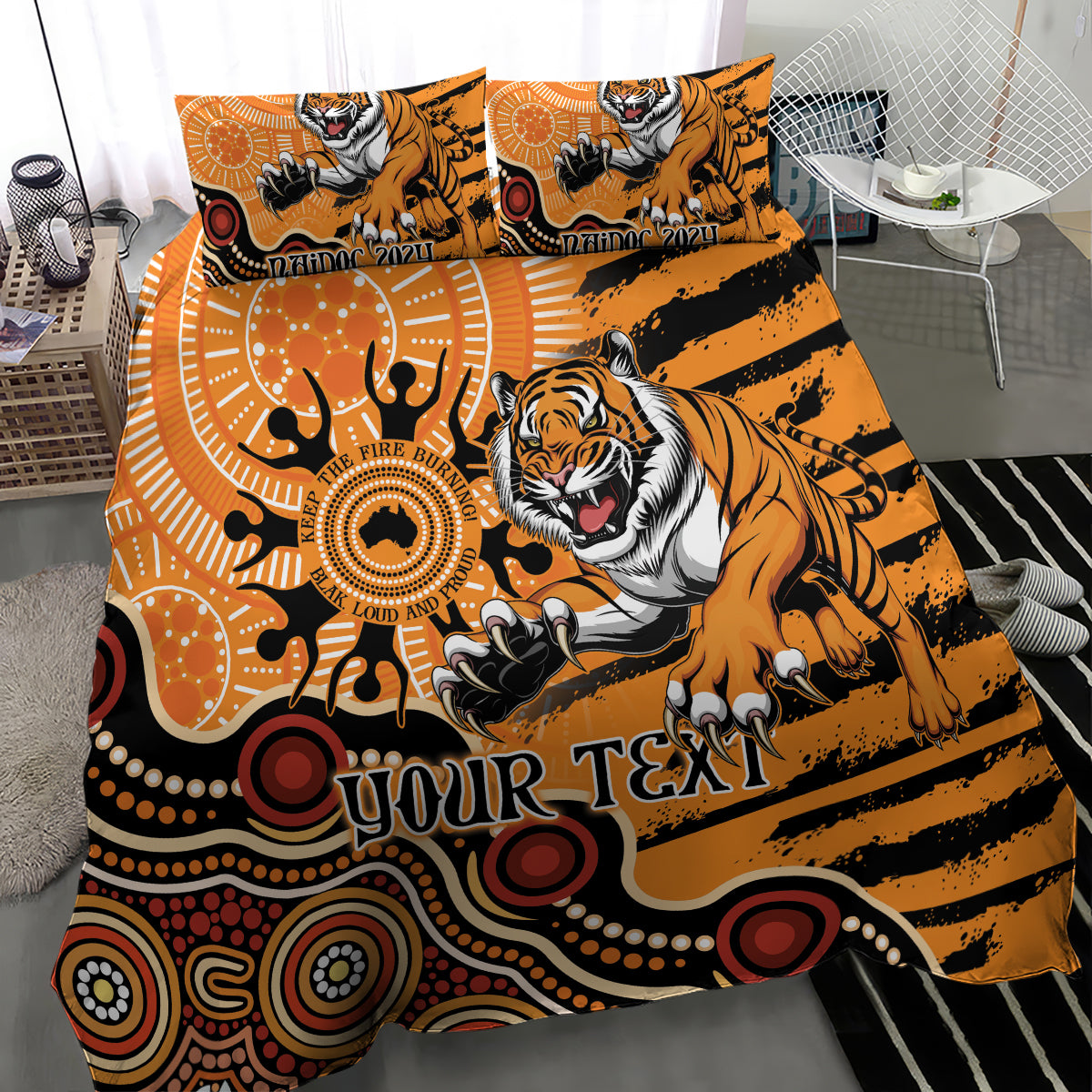 Personalised Wests Tigers NAIDOC Week 2024 Bedding Set Aboriginal Fire Burning Sparks