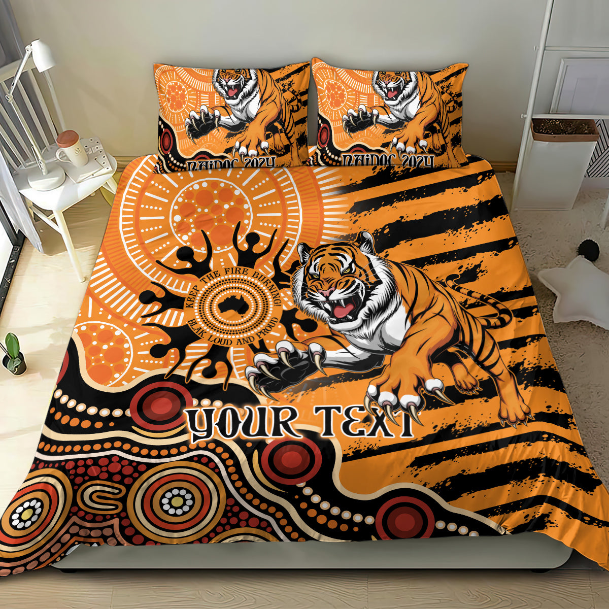 Personalised Wests Tigers NAIDOC Week 2024 Bedding Set Aboriginal Fire Burning Sparks