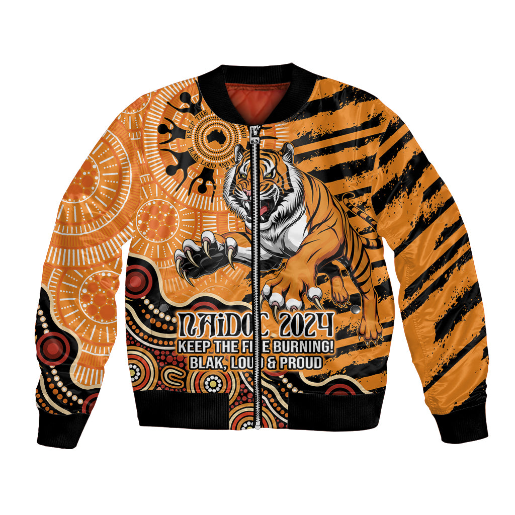 Personalised Wests Tigers NAIDOC Week 2024 Bomber Jacket Aboriginal Fire Burning Sparks