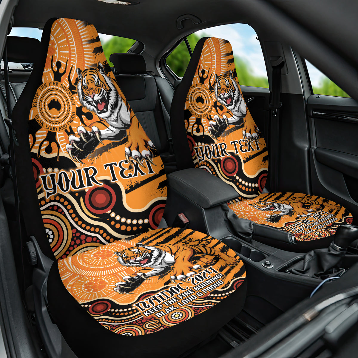 Personalised Wests Tigers NAIDOC Week 2024 Car Seat Cover Aboriginal Fire Burning Sparks