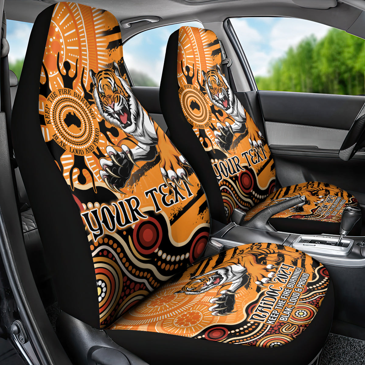 Personalised Wests Tigers NAIDOC Week 2024 Car Seat Cover Aboriginal Fire Burning Sparks