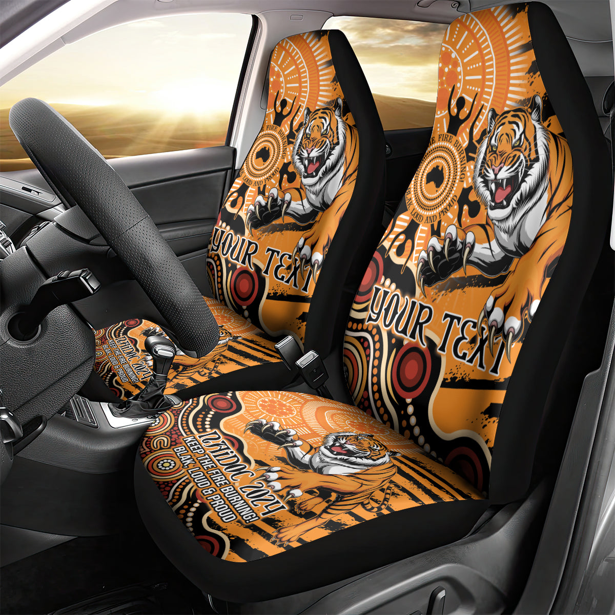 Personalised Wests Tigers NAIDOC Week 2024 Car Seat Cover Aboriginal Fire Burning Sparks