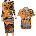 Personalised Wests Tigers NAIDOC Week 2024 Couples Matching Long Sleeve Bodycon Dress and Hawaiian Shirt Aboriginal Fire Burning Sparks