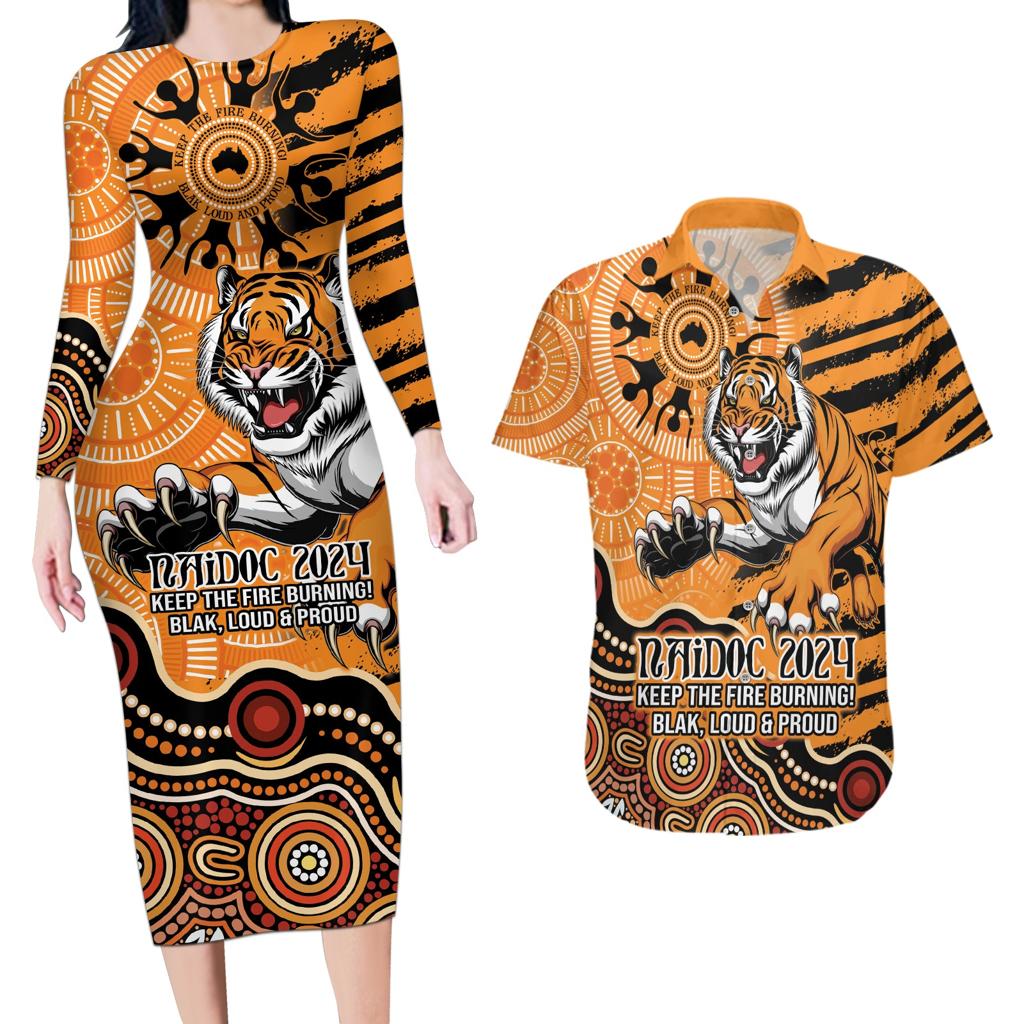 Personalised Wests Tigers NAIDOC Week 2024 Couples Matching Long Sleeve Bodycon Dress and Hawaiian Shirt Aboriginal Fire Burning Sparks