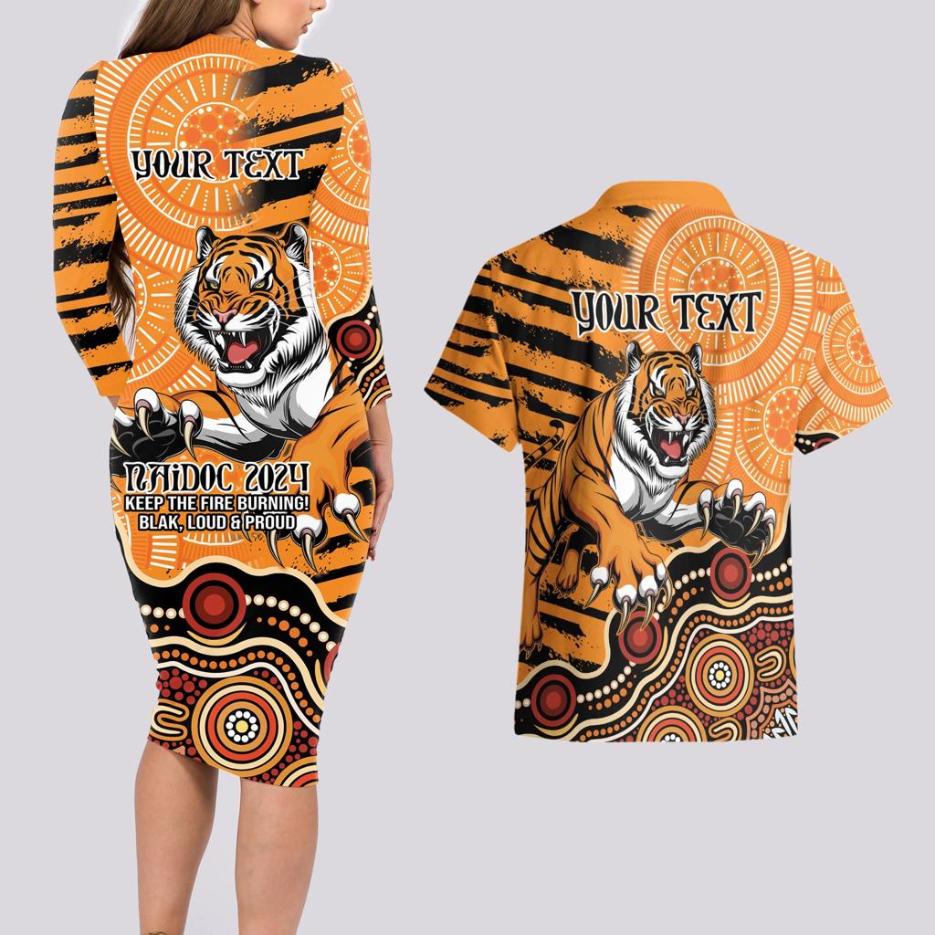 Personalised Wests Tigers NAIDOC Week 2024 Couples Matching Long Sleeve Bodycon Dress and Hawaiian Shirt Aboriginal Fire Burning Sparks