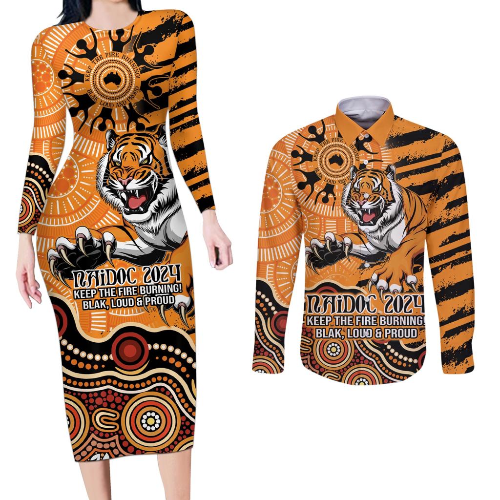 Personalised Wests Tigers NAIDOC Week 2024 Couples Matching Long Sleeve Bodycon Dress and Long Sleeve Button Shirt Aboriginal Fire Burning Sparks