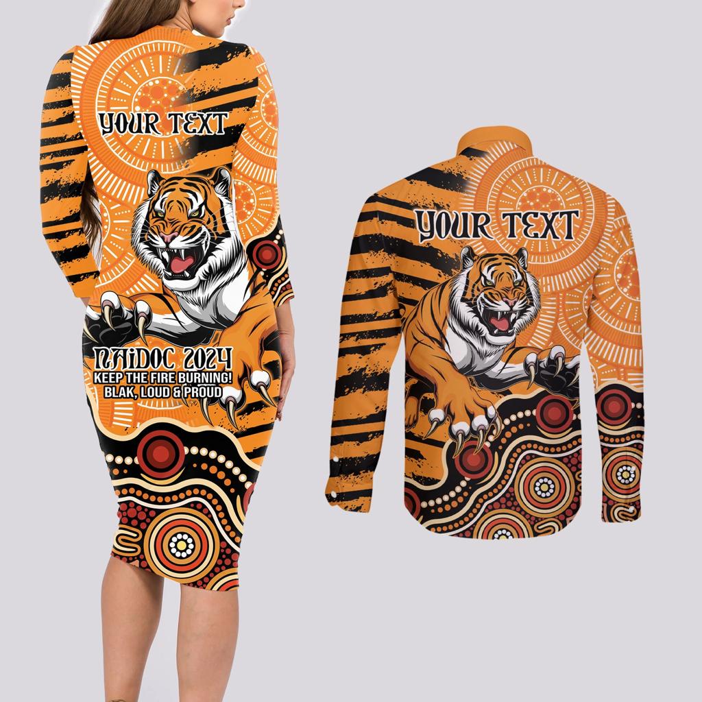 Personalised Wests Tigers NAIDOC Week 2024 Couples Matching Long Sleeve Bodycon Dress and Long Sleeve Button Shirt Aboriginal Fire Burning Sparks