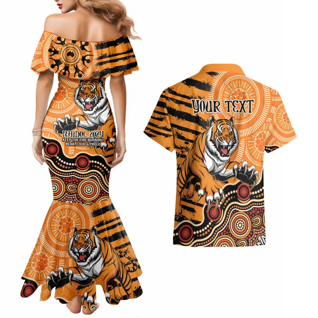 Personalised Wests Tigers NAIDOC Week 2024 Couples Matching Mermaid Dress and Hawaiian Shirt Aboriginal Fire Burning Sparks