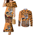 Personalised Wests Tigers NAIDOC Week 2024 Couples Matching Mermaid Dress and Long Sleeve Button Shirt Aboriginal Fire Burning Sparks