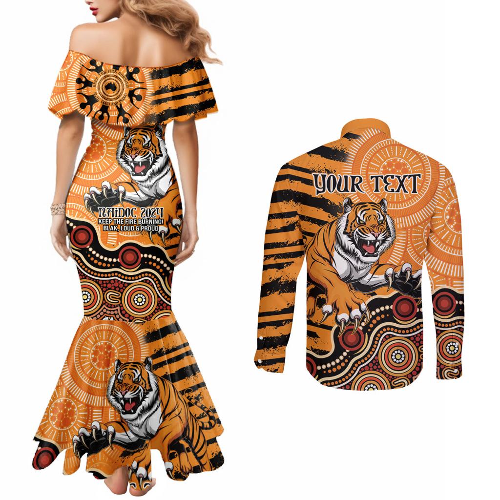 Personalised Wests Tigers NAIDOC Week 2024 Couples Matching Mermaid Dress and Long Sleeve Button Shirt Aboriginal Fire Burning Sparks