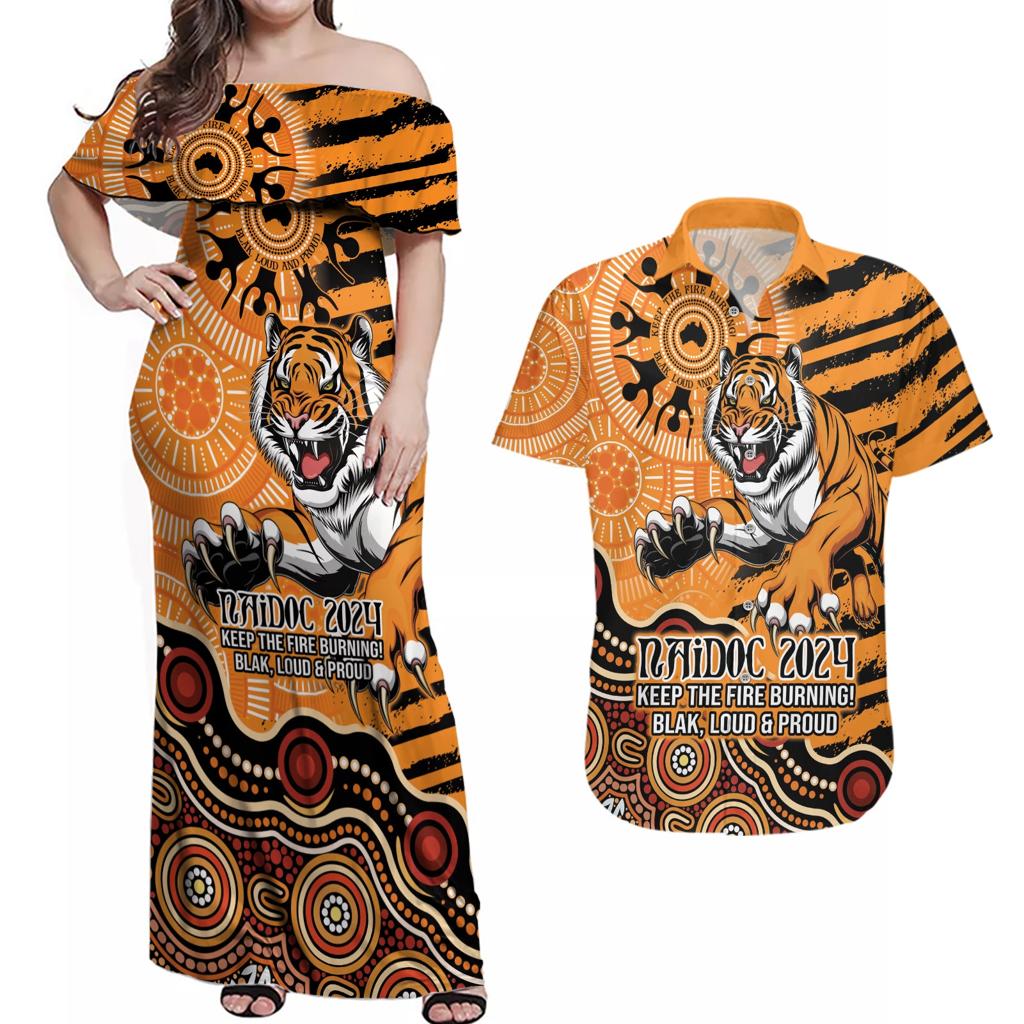 Personalised Wests Tigers NAIDOC Week 2024 Couples Matching Off Shoulder Maxi Dress and Hawaiian Shirt Aboriginal Fire Burning Sparks