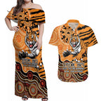 Personalised Wests Tigers NAIDOC Week 2024 Couples Matching Off Shoulder Maxi Dress and Hawaiian Shirt Aboriginal Fire Burning Sparks