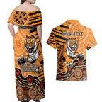Personalised Wests Tigers NAIDOC Week 2024 Couples Matching Off Shoulder Maxi Dress and Hawaiian Shirt Aboriginal Fire Burning Sparks