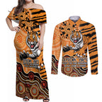 Personalised Wests Tigers NAIDOC Week 2024 Couples Matching Off Shoulder Maxi Dress and Long Sleeve Button Shirt Aboriginal Fire Burning Sparks