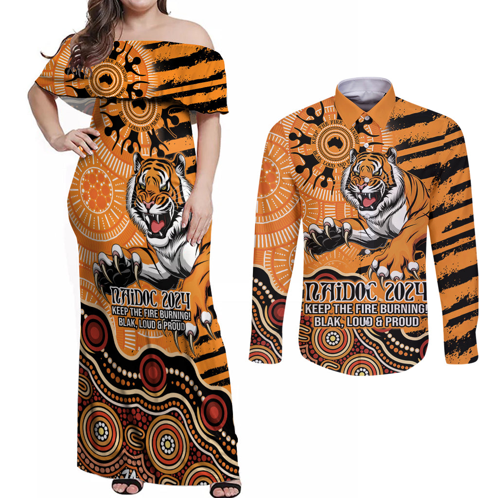 Personalised Wests Tigers NAIDOC Week 2024 Couples Matching Off Shoulder Maxi Dress and Long Sleeve Button Shirt Aboriginal Fire Burning Sparks