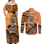 Personalised Wests Tigers NAIDOC Week 2024 Couples Matching Off Shoulder Maxi Dress and Long Sleeve Button Shirt Aboriginal Fire Burning Sparks