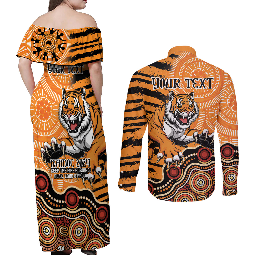 Personalised Wests Tigers NAIDOC Week 2024 Couples Matching Off Shoulder Maxi Dress and Long Sleeve Button Shirt Aboriginal Fire Burning Sparks
