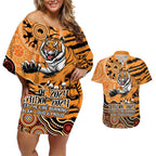 Personalised Wests Tigers NAIDOC Week 2024 Couples Matching Off Shoulder Short Dress and Hawaiian Shirt Aboriginal Fire Burning Sparks