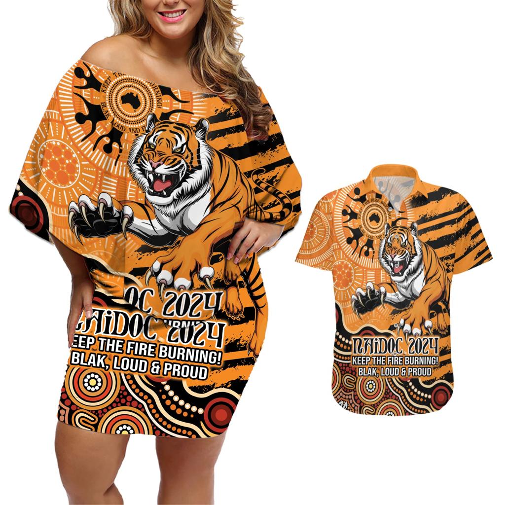 Personalised Wests Tigers NAIDOC Week 2024 Couples Matching Off Shoulder Short Dress and Hawaiian Shirt Aboriginal Fire Burning Sparks