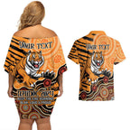 Personalised Wests Tigers NAIDOC Week 2024 Couples Matching Off Shoulder Short Dress and Hawaiian Shirt Aboriginal Fire Burning Sparks