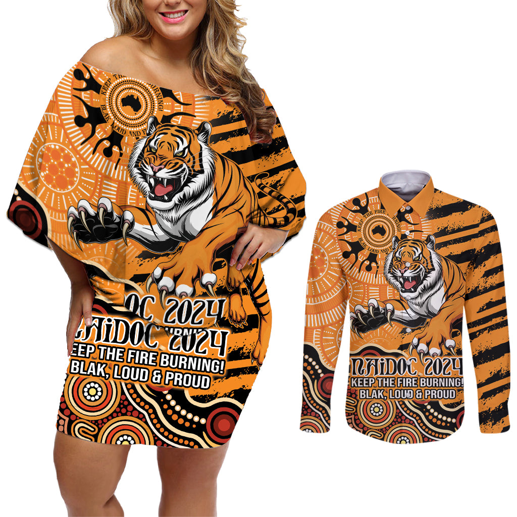 Personalised Wests Tigers NAIDOC Week 2024 Couples Matching Off Shoulder Short Dress and Long Sleeve Button Shirt Aboriginal Fire Burning Sparks