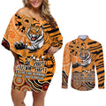 Personalised Wests Tigers NAIDOC Week 2024 Couples Matching Off Shoulder Short Dress and Long Sleeve Button Shirt Aboriginal Fire Burning Sparks