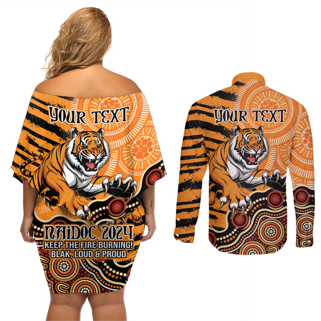Personalised Wests Tigers NAIDOC Week 2024 Couples Matching Off Shoulder Short Dress and Long Sleeve Button Shirt Aboriginal Fire Burning Sparks