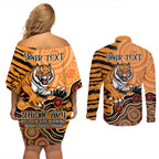 Personalised Wests Tigers NAIDOC Week 2024 Couples Matching Off Shoulder Short Dress and Long Sleeve Button Shirt Aboriginal Fire Burning Sparks