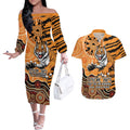 Personalised Wests Tigers NAIDOC Week 2024 Couples Matching Off The Shoulder Long Sleeve Dress and Hawaiian Shirt Aboriginal Fire Burning Sparks