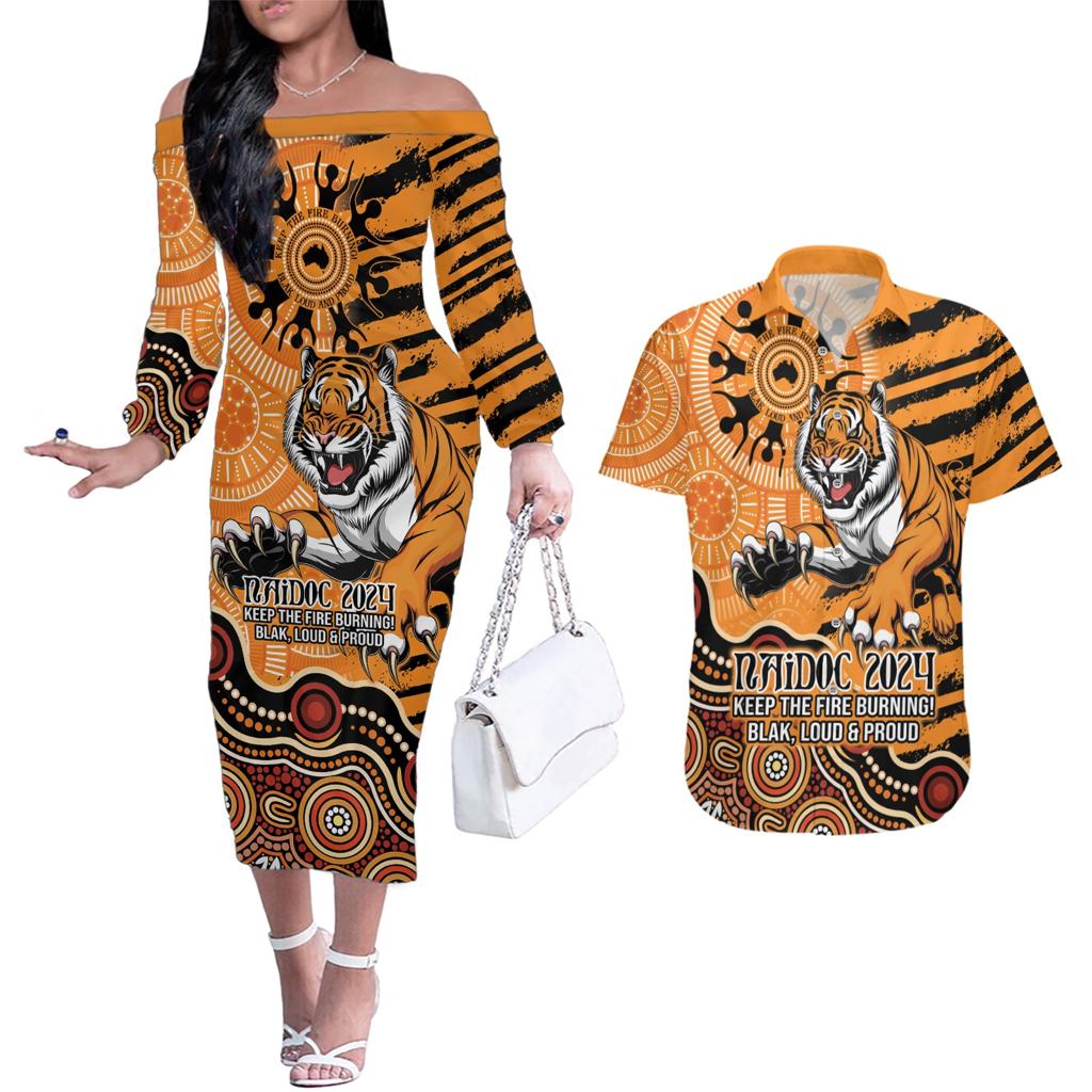 Personalised Wests Tigers NAIDOC Week 2024 Couples Matching Off The Shoulder Long Sleeve Dress and Hawaiian Shirt Aboriginal Fire Burning Sparks