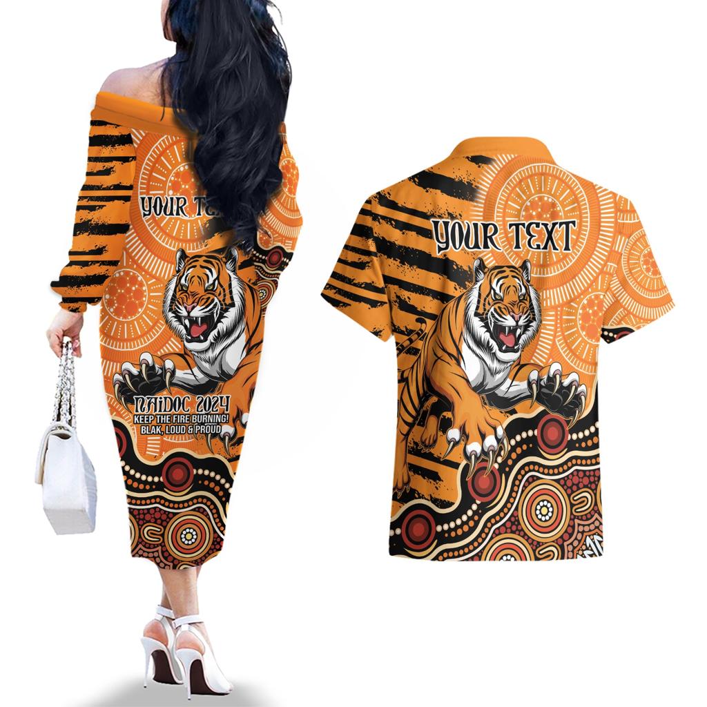 Personalised Wests Tigers NAIDOC Week 2024 Couples Matching Off The Shoulder Long Sleeve Dress and Hawaiian Shirt Aboriginal Fire Burning Sparks