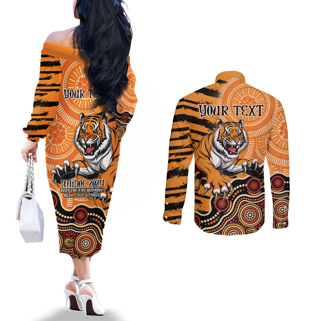 Personalised Wests Tigers NAIDOC Week 2024 Couples Matching Off The Shoulder Long Sleeve Dress and Long Sleeve Button Shirt Aboriginal Fire Burning Sparks