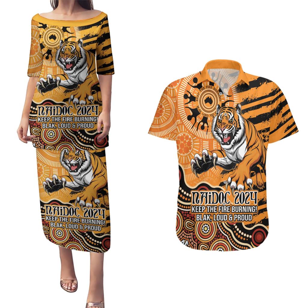 Personalised Wests Tigers NAIDOC Week 2024 Couples Matching Puletasi and Hawaiian Shirt Aboriginal Fire Burning Sparks