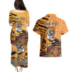 Personalised Wests Tigers NAIDOC Week 2024 Couples Matching Puletasi and Hawaiian Shirt Aboriginal Fire Burning Sparks