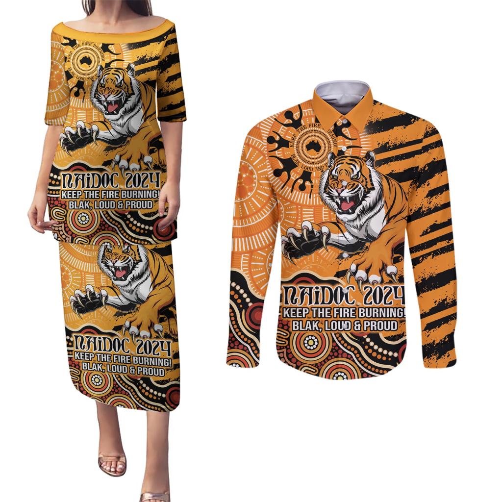 Personalised Wests Tigers NAIDOC Week 2024 Couples Matching Puletasi and Long Sleeve Button Shirt Aboriginal Fire Burning Sparks