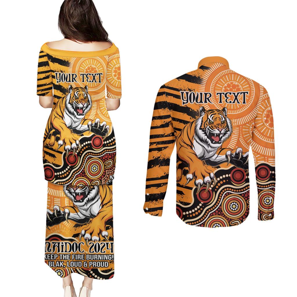 Personalised Wests Tigers NAIDOC Week 2024 Couples Matching Puletasi and Long Sleeve Button Shirt Aboriginal Fire Burning Sparks