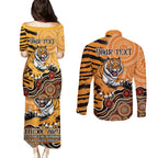 Personalised Wests Tigers NAIDOC Week 2024 Couples Matching Puletasi and Long Sleeve Button Shirt Aboriginal Fire Burning Sparks