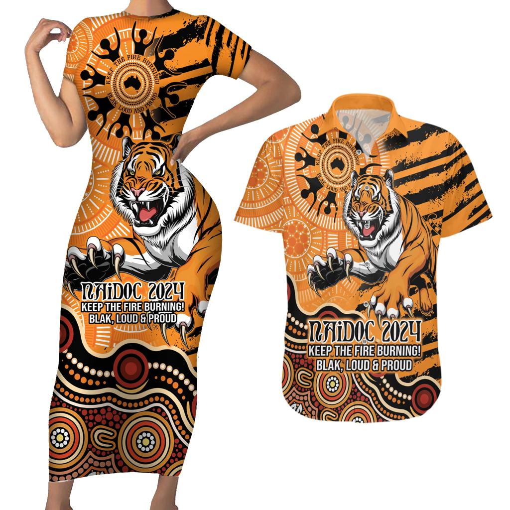 Personalised Wests Tigers NAIDOC Week 2024 Couples Matching Short Sleeve Bodycon Dress and Hawaiian Shirt Aboriginal Fire Burning Sparks