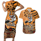 Personalised Wests Tigers NAIDOC Week 2024 Couples Matching Short Sleeve Bodycon Dress and Hawaiian Shirt Aboriginal Fire Burning Sparks