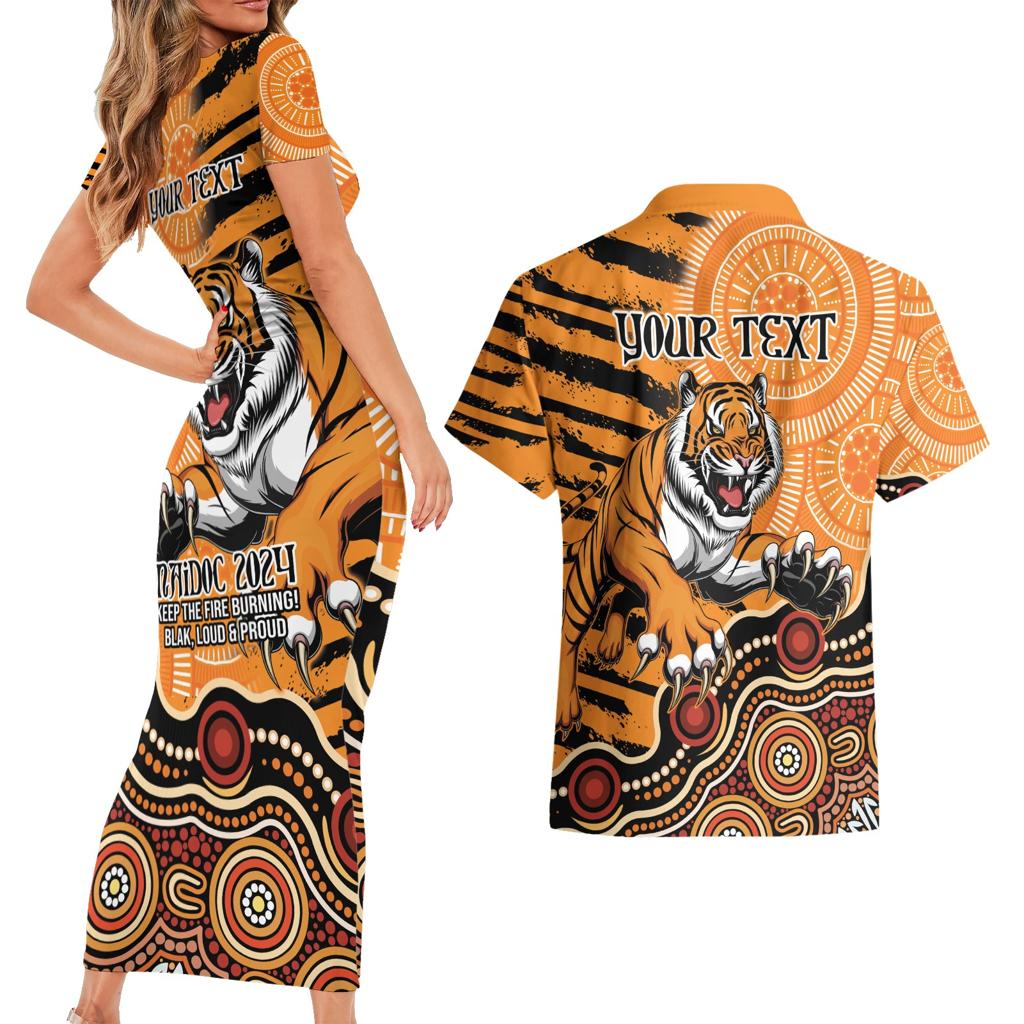 Personalised Wests Tigers NAIDOC Week 2024 Couples Matching Short Sleeve Bodycon Dress and Hawaiian Shirt Aboriginal Fire Burning Sparks