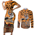 Personalised Wests Tigers NAIDOC Week 2024 Couples Matching Short Sleeve Bodycon Dress and Long Sleeve Button Shirt Aboriginal Fire Burning Sparks