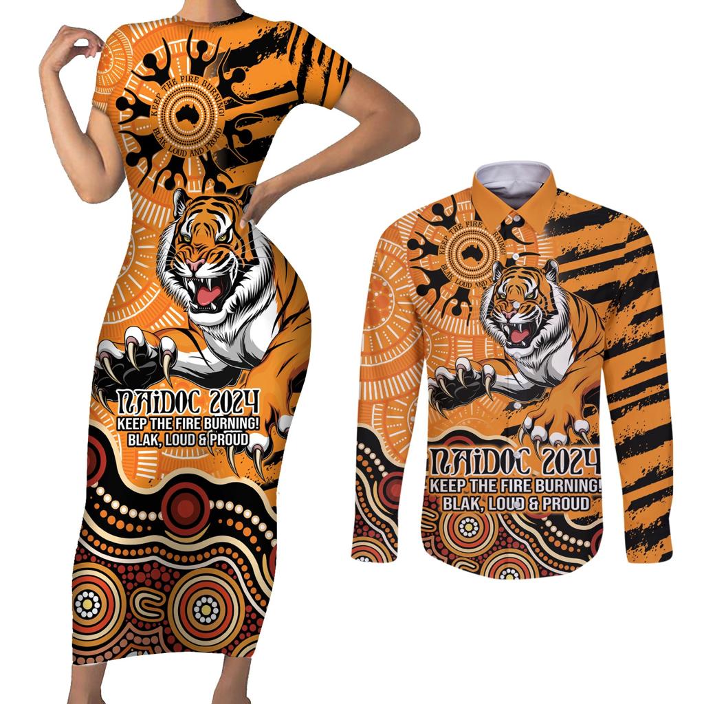 Personalised Wests Tigers NAIDOC Week 2024 Couples Matching Short Sleeve Bodycon Dress and Long Sleeve Button Shirt Aboriginal Fire Burning Sparks