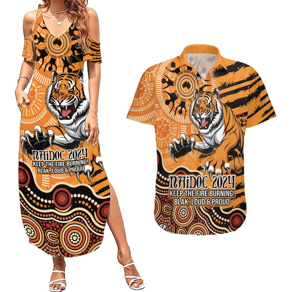 Personalised Wests Tigers NAIDOC Week 2024 Couples Matching Summer Maxi Dress and Hawaiian Shirt Aboriginal Fire Burning Sparks