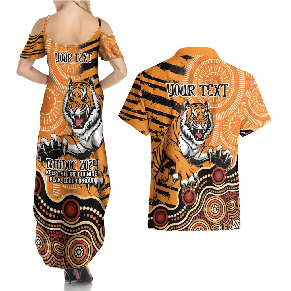 Personalised Wests Tigers NAIDOC Week 2024 Couples Matching Summer Maxi Dress and Hawaiian Shirt Aboriginal Fire Burning Sparks