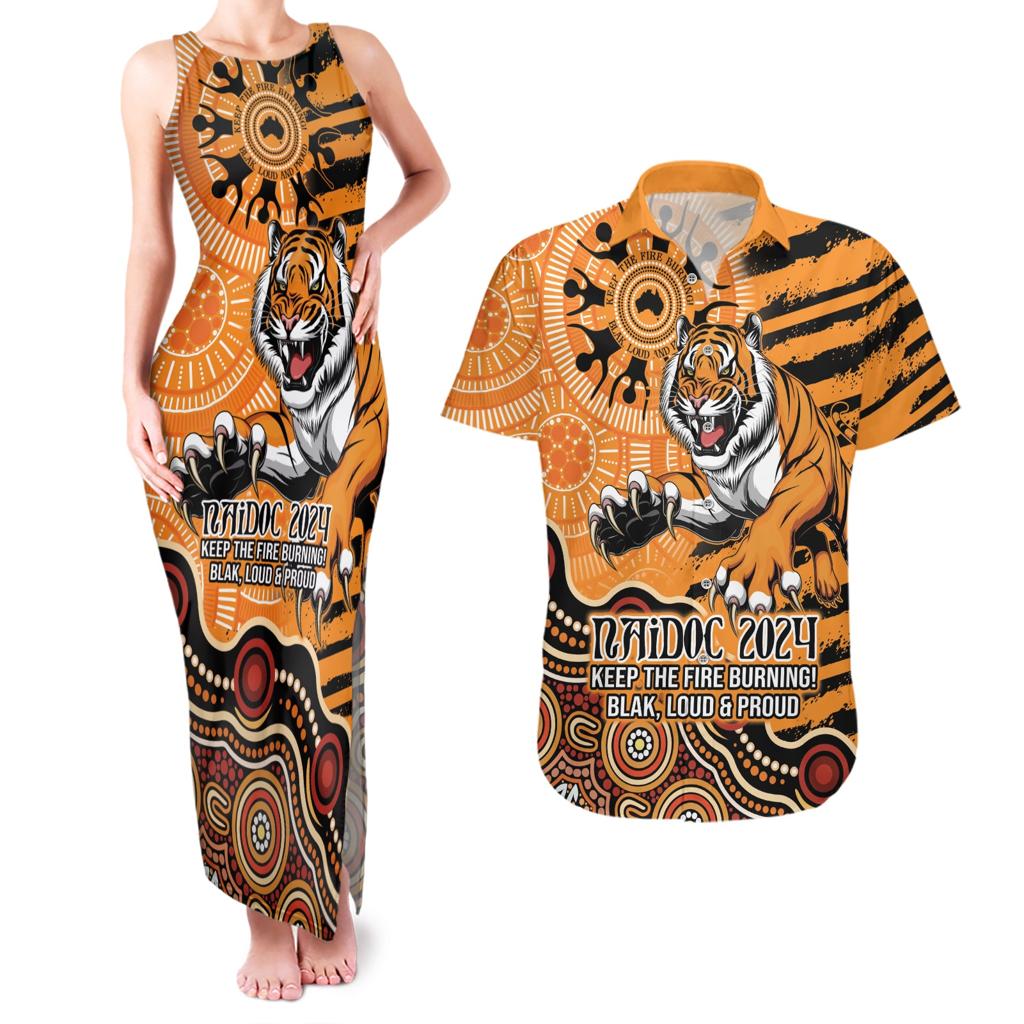Personalised Wests Tigers NAIDOC Week 2024 Couples Matching Tank Maxi Dress and Hawaiian Shirt Aboriginal Fire Burning Sparks