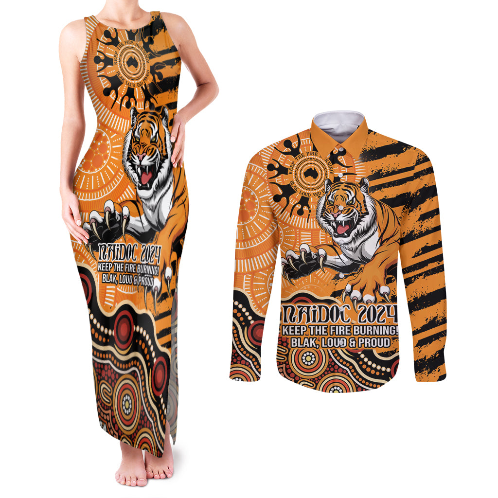 Personalised Wests Tigers NAIDOC Week 2024 Couples Matching Tank Maxi Dress and Long Sleeve Button Shirt Aboriginal Fire Burning Sparks