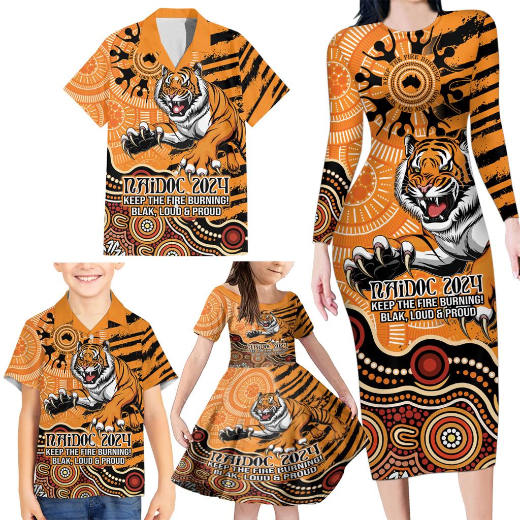 Personalised Wests Tigers NAIDOC Week 2024 Family Matching Long Sleeve Bodycon Dress and Hawaiian Shirt Aboriginal Fire Burning Sparks
