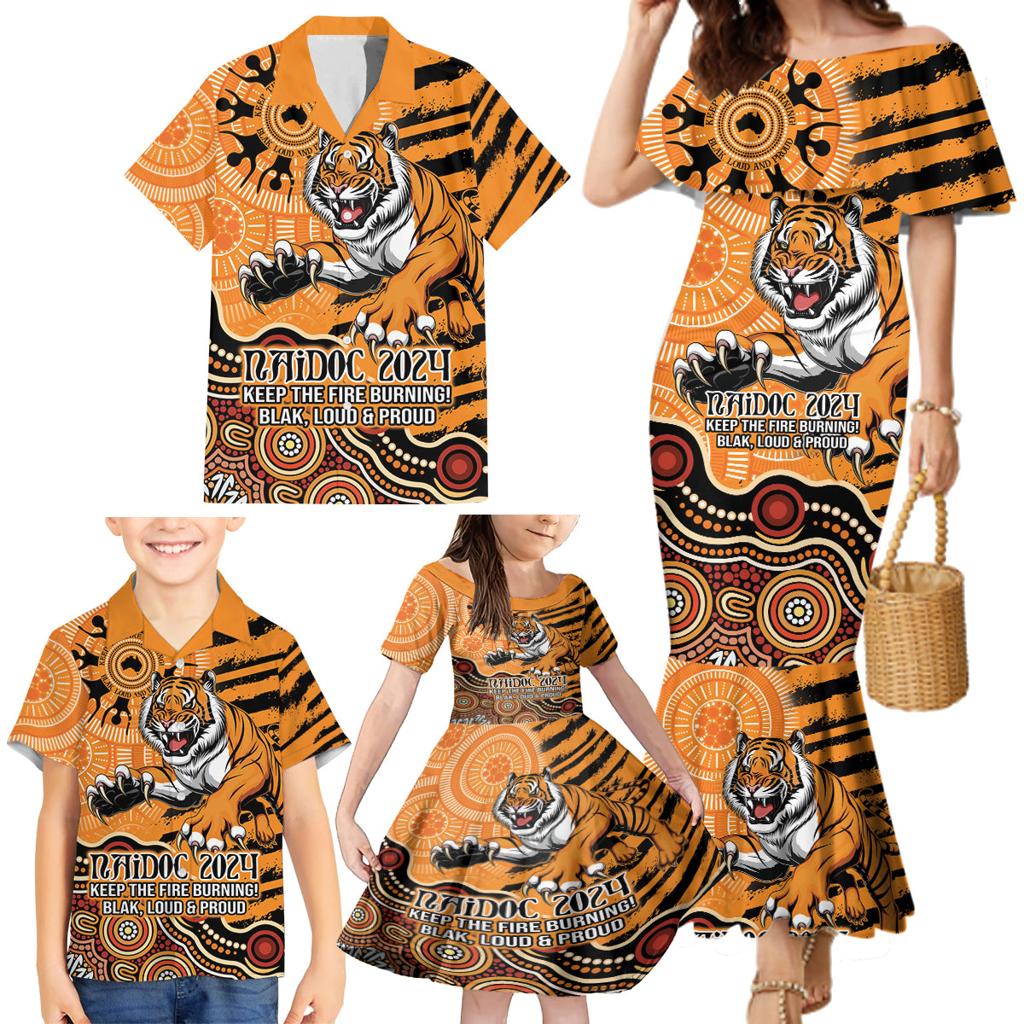 Personalised Wests Tigers NAIDOC Week 2024 Family Matching Mermaid Dress and Hawaiian Shirt Aboriginal Fire Burning Sparks